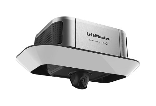 Ceiling-mounted LiftMaster garage door opener with white and black housing