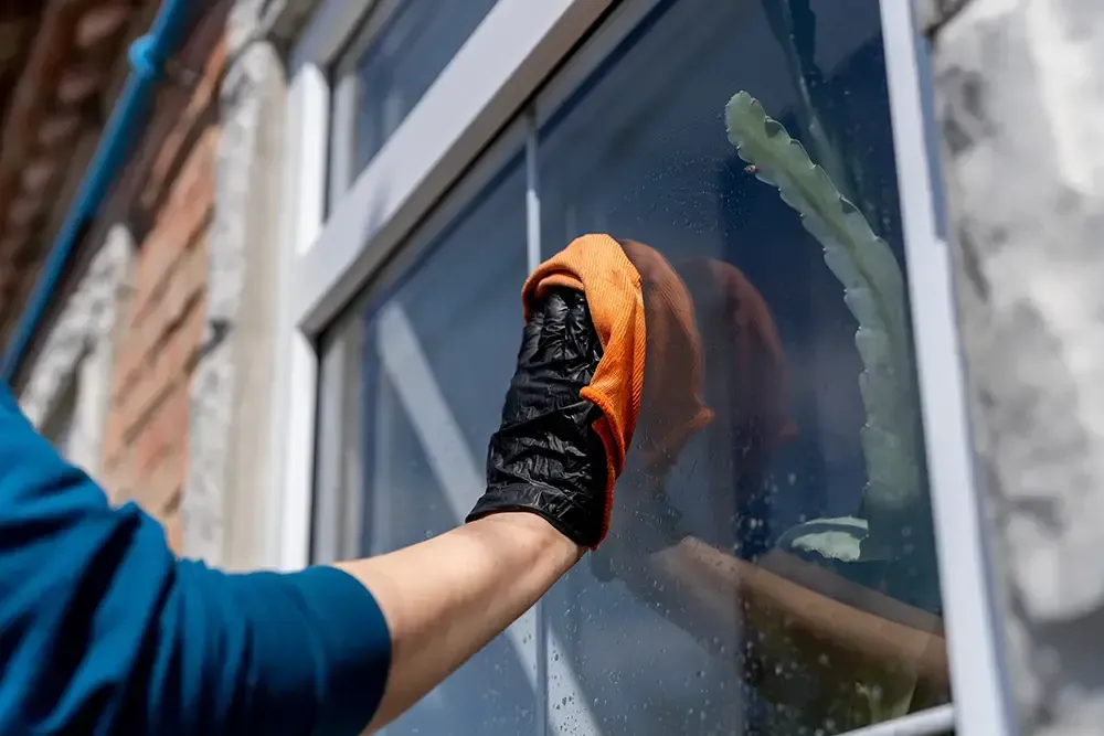 person window cleaning with a microfiber cloth