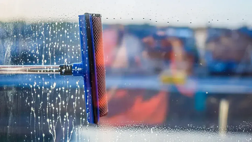 Window being cleaned with soapy water and a blue squeegee.