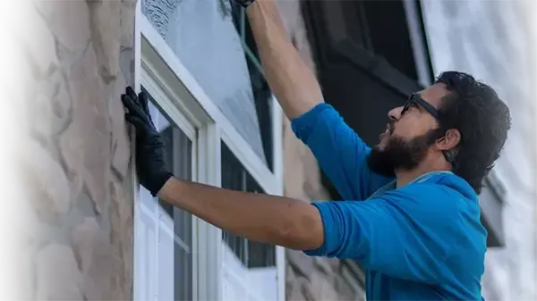 Worker in blue shirt cleaning a window on a house exterior
