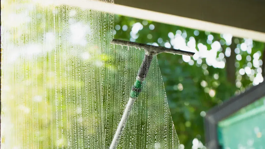 Squeegee cleaning a wet window, with green foliage visible through the glass.