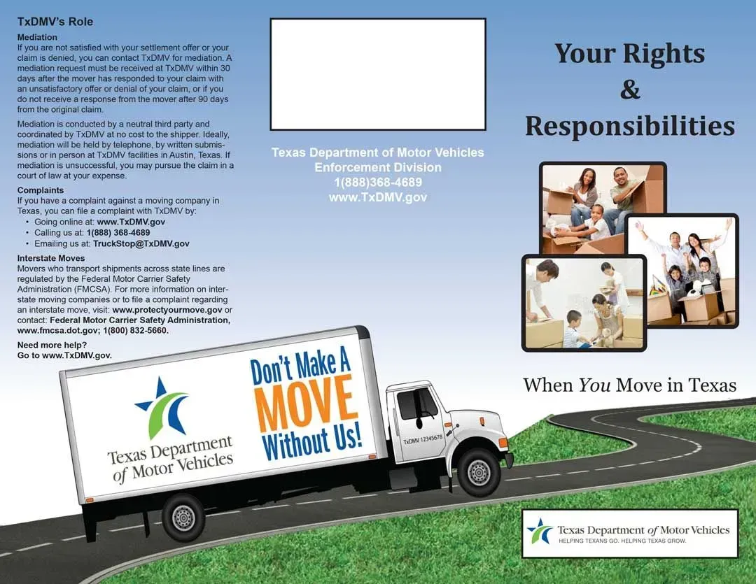 A moving truck is driving down a road with a brochure about your rights and responsibilities.