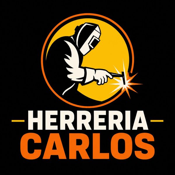 Logotipo de Herrería Carlos, con un icono de soldador en un círculo amarillo y texto en negro, blanco y naranja.