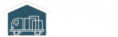 Stylized teal moving truck inside a house outline icon