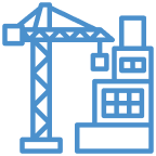 Blue icon of a construction crane next to a building.