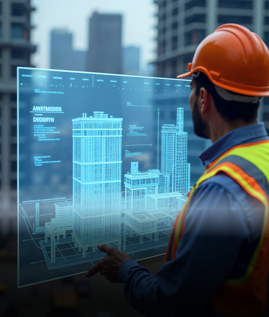 Construction worker in hard hat and vest viewing a holographic building design on-site.
