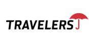 The black, bold text "TRAVELERS" with a red umbrella icon replacing the letter "S".