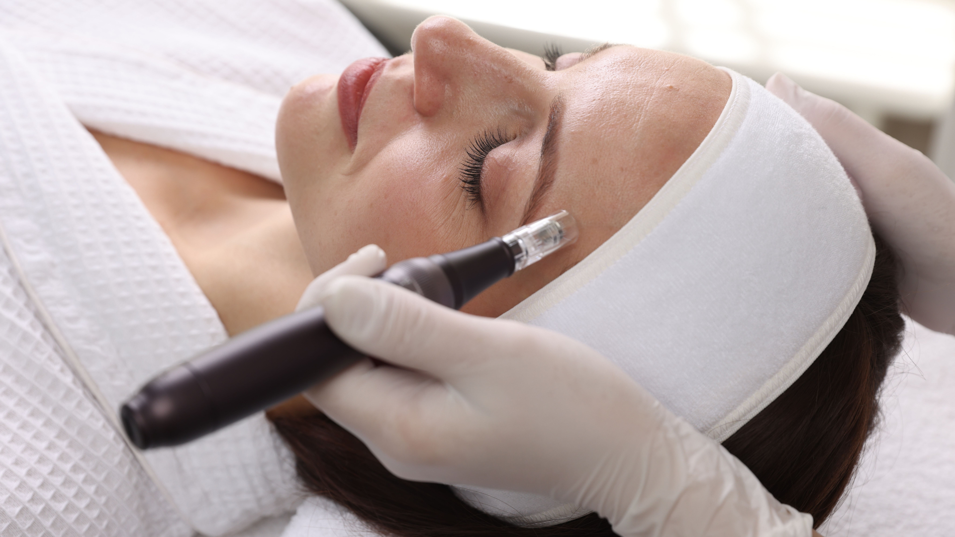 Woman receiving a facial treatment with a cosmetic device while lying on a spa bed