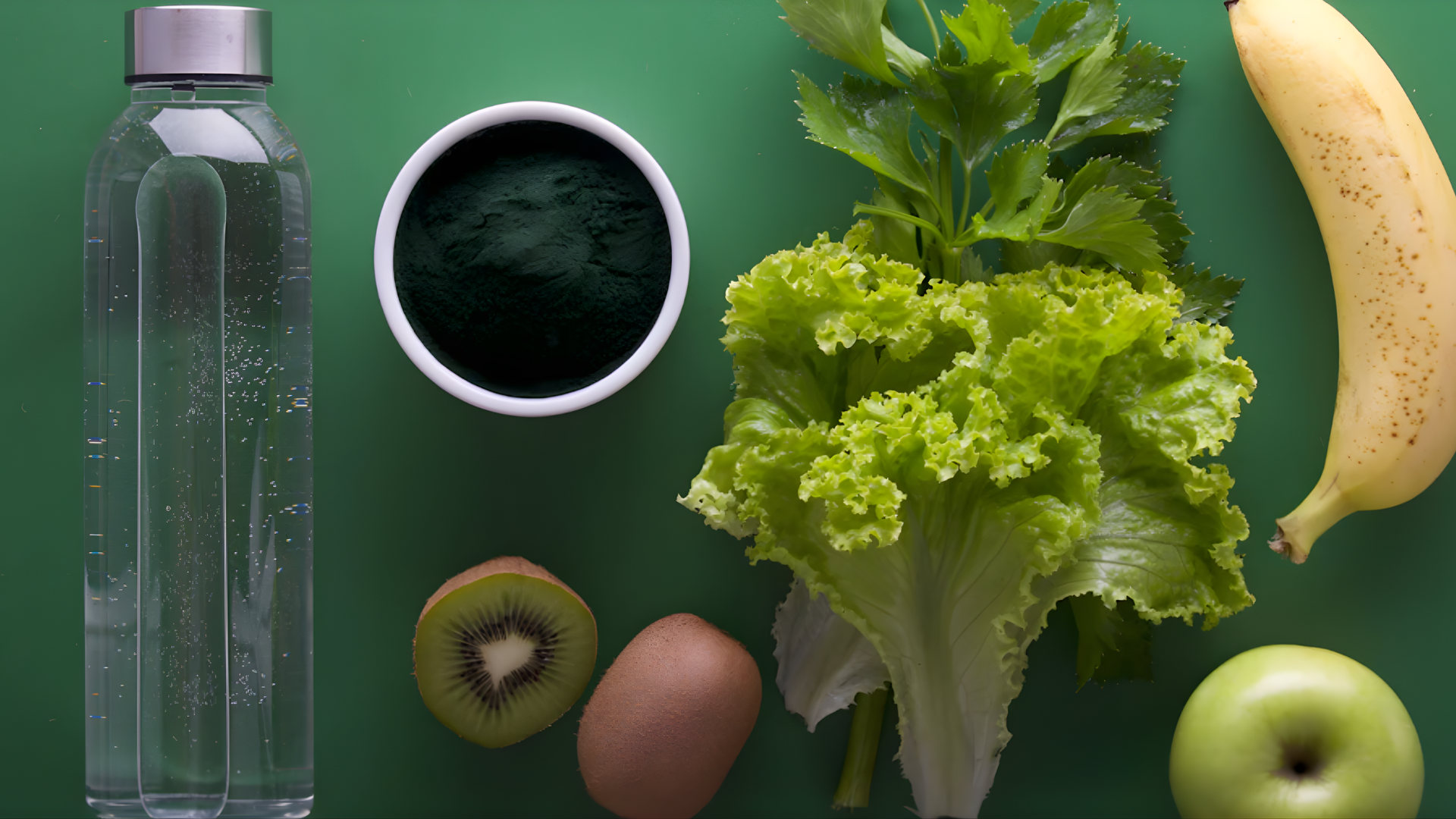 Assorted fruits, vegetables, and a water bottle arranged on a green background