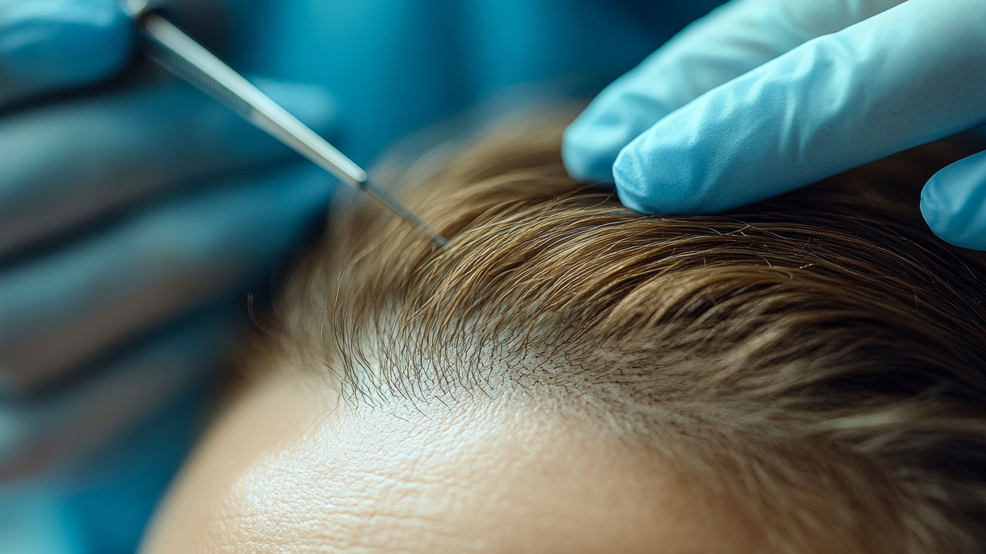 Gloved hands part hair as a needle injects the scalp during a treatment procedure