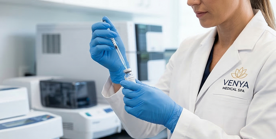 Lab technician in white coat and blue gloves using a pipette in a laboratory.
