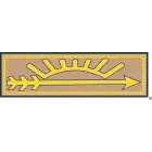 Yellow sunburst over arrow, on tan rectangle with gold border.