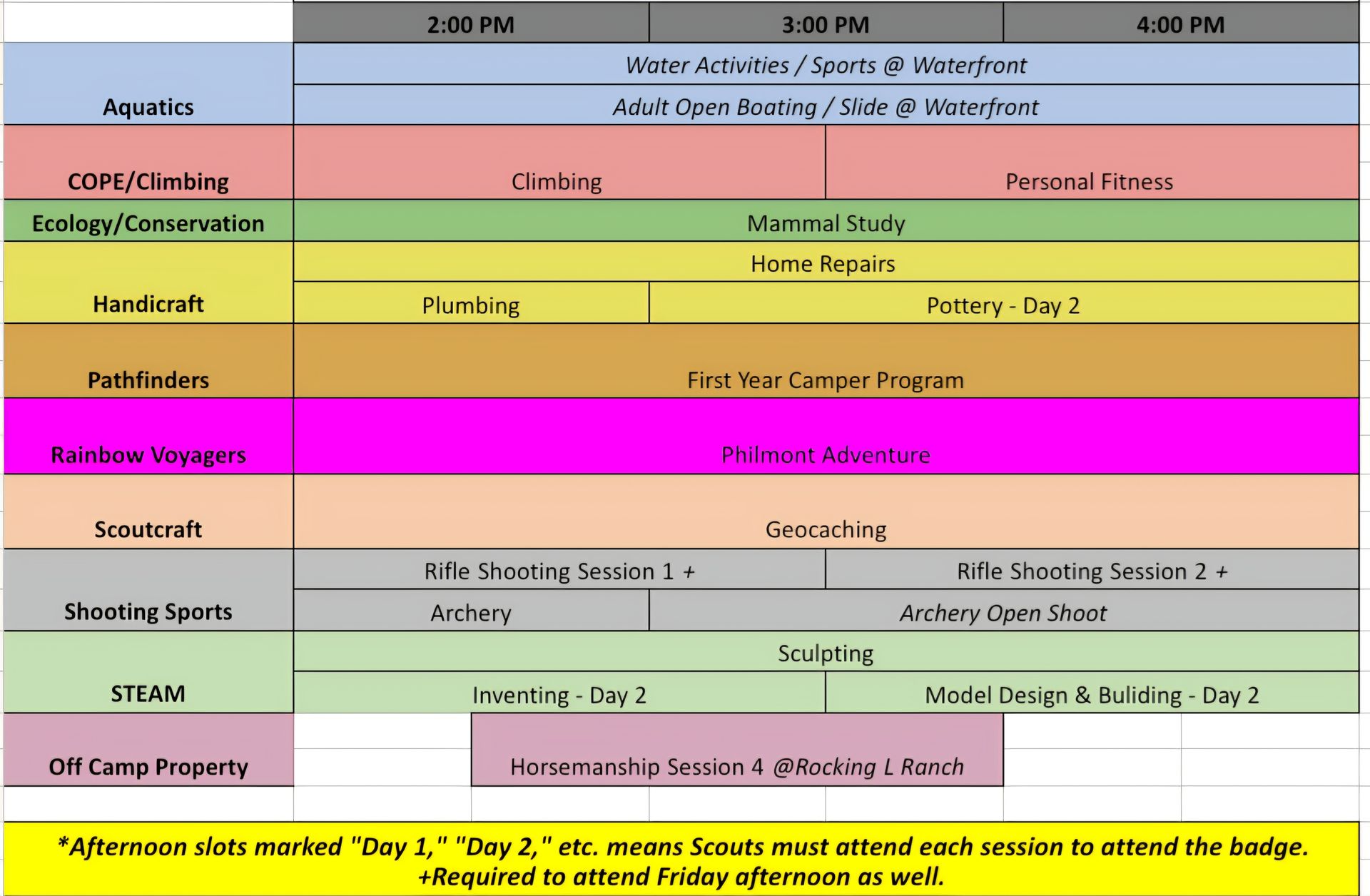 Event schedule with activity blocks in color-coded rows over time slots, including climbing, shooting, fishing, and boating.