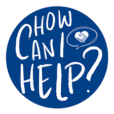 A blue circle with the words `` how can i help '' written on it.