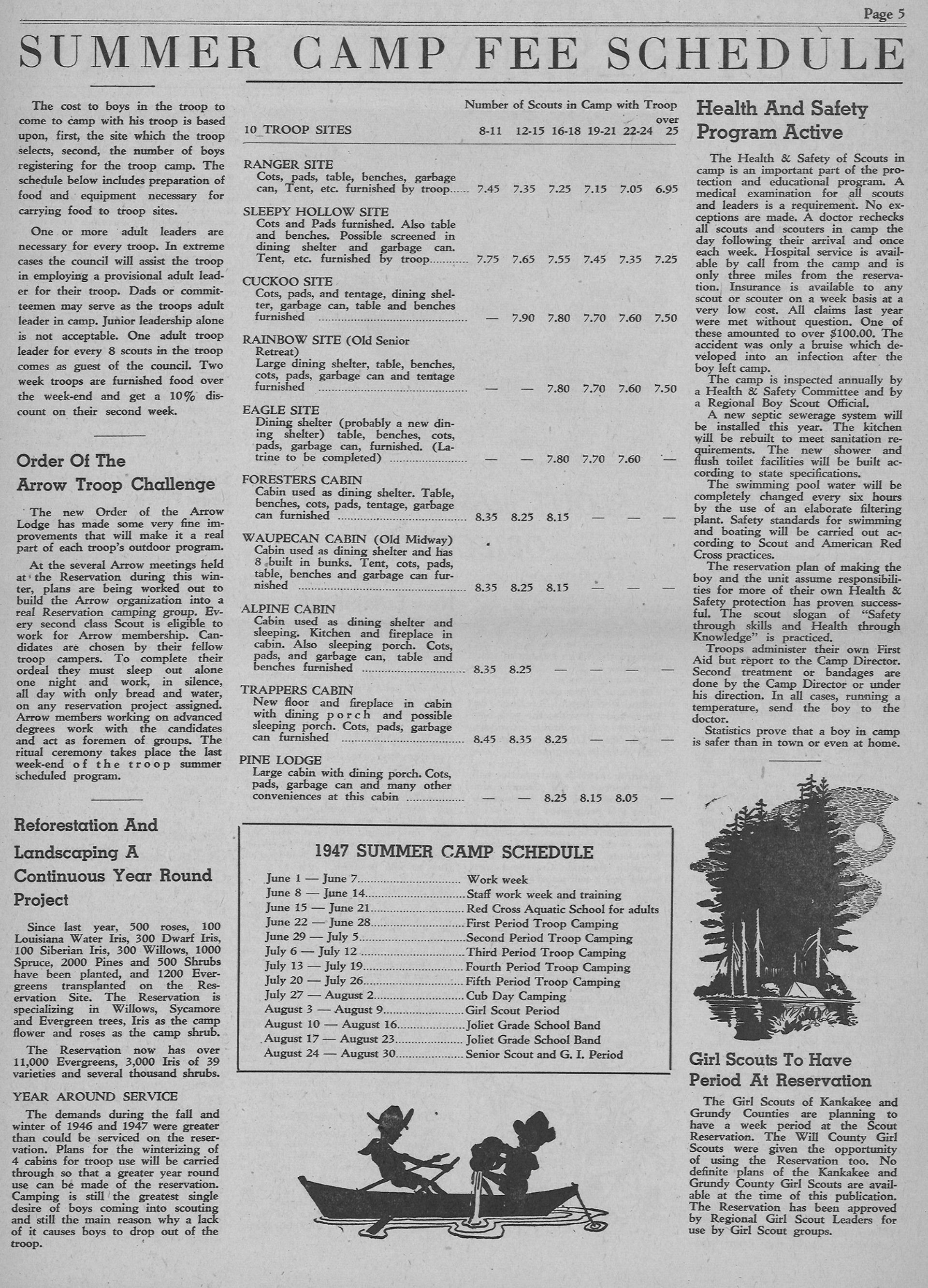 Summer camp fee schedule on newsprint, including canoeing graphic.