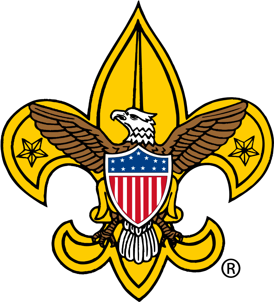 Boy Scouts of America logo: gold fleur-de-lis, eagle with shield, two stars.