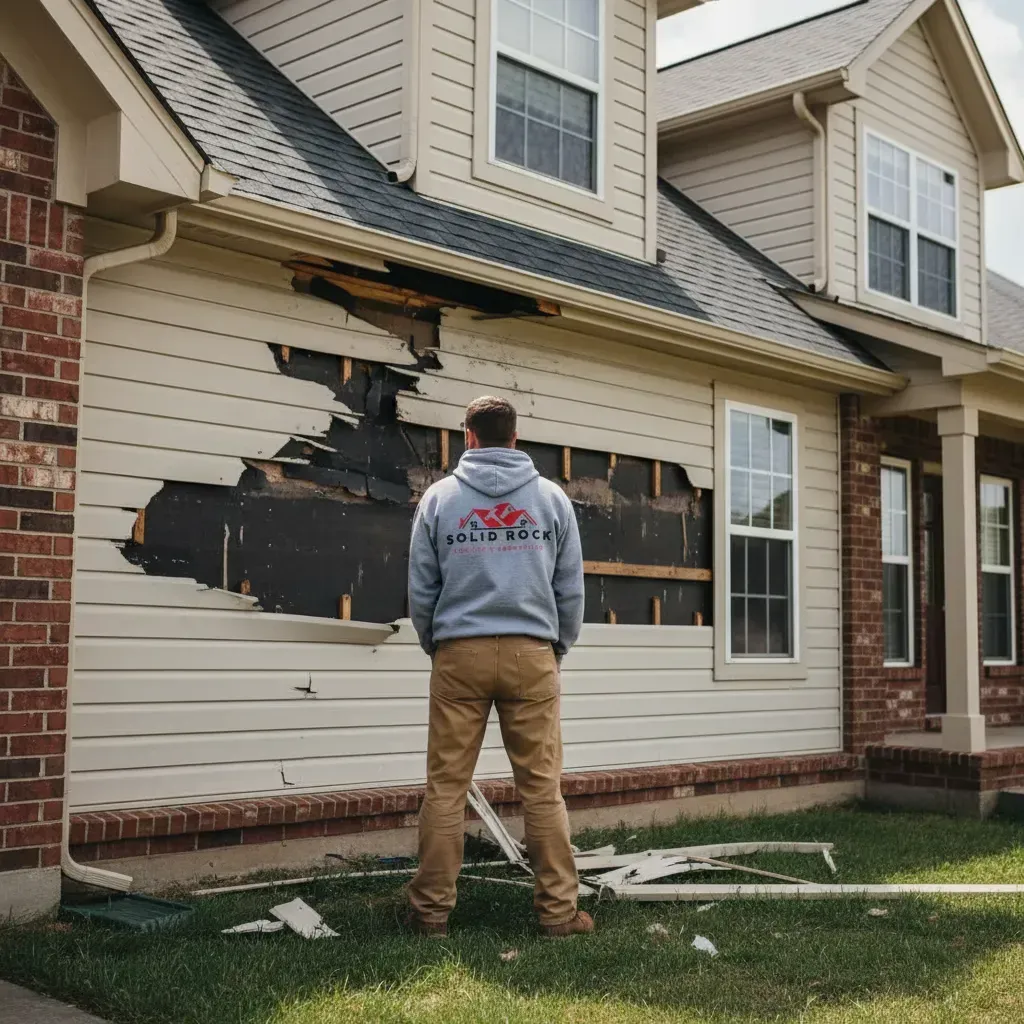 Professional siding contractor inspecting home exterior in Greensboro