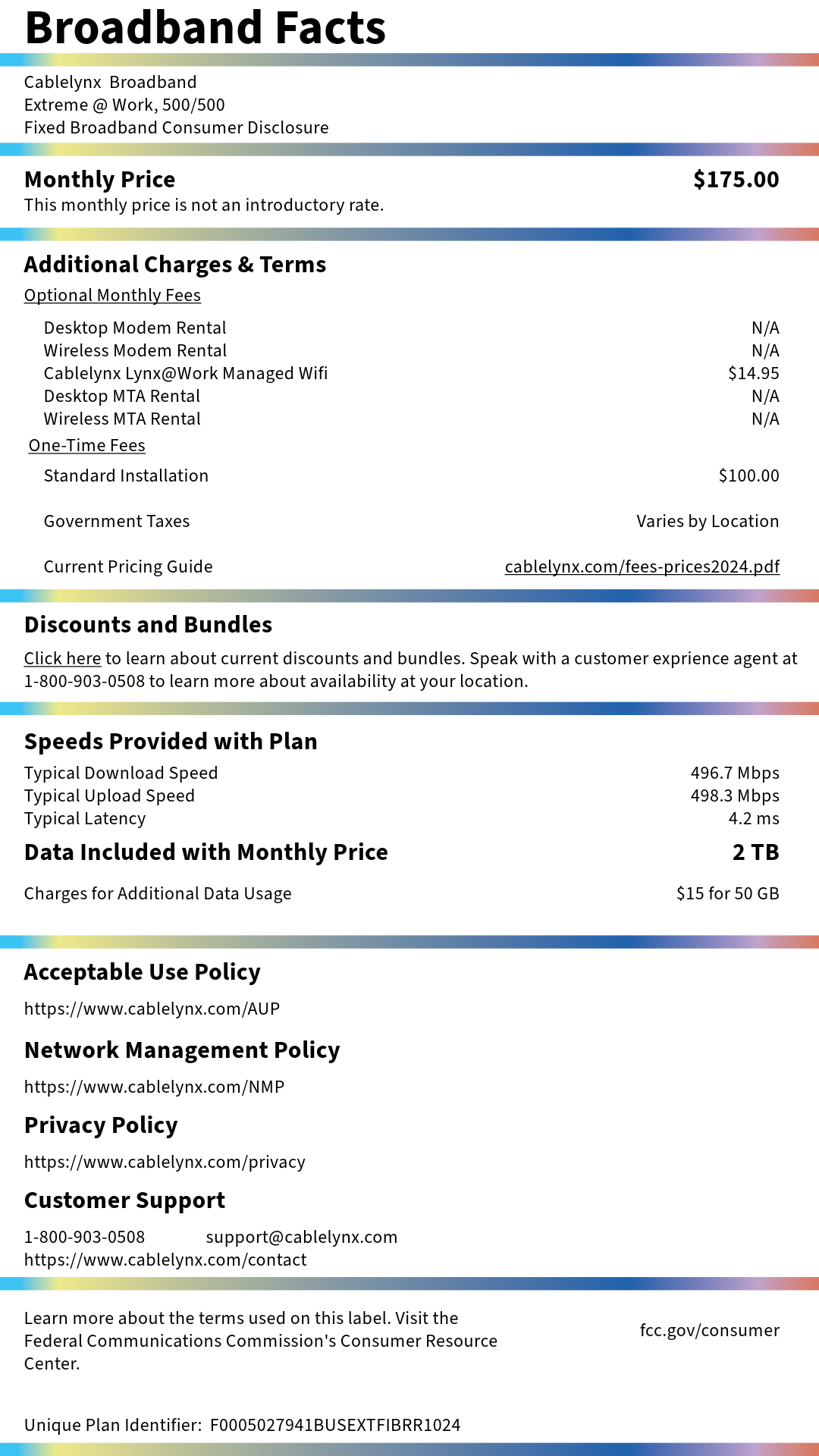 Broadband Facts label for an internet plan, showing monthly price, fees, speeds, and policy details.