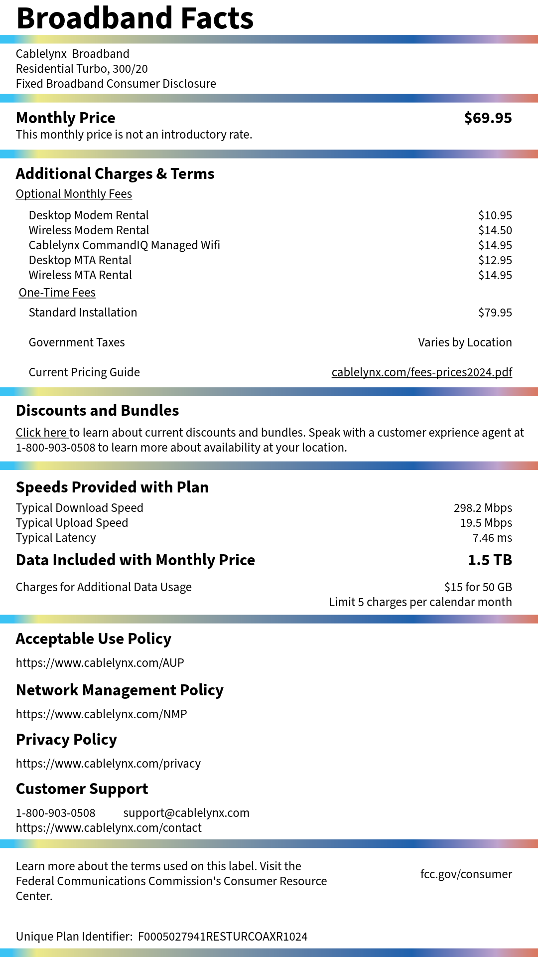 Broadband Facts label showing monthly price, fees, download/upload speeds, and policy details