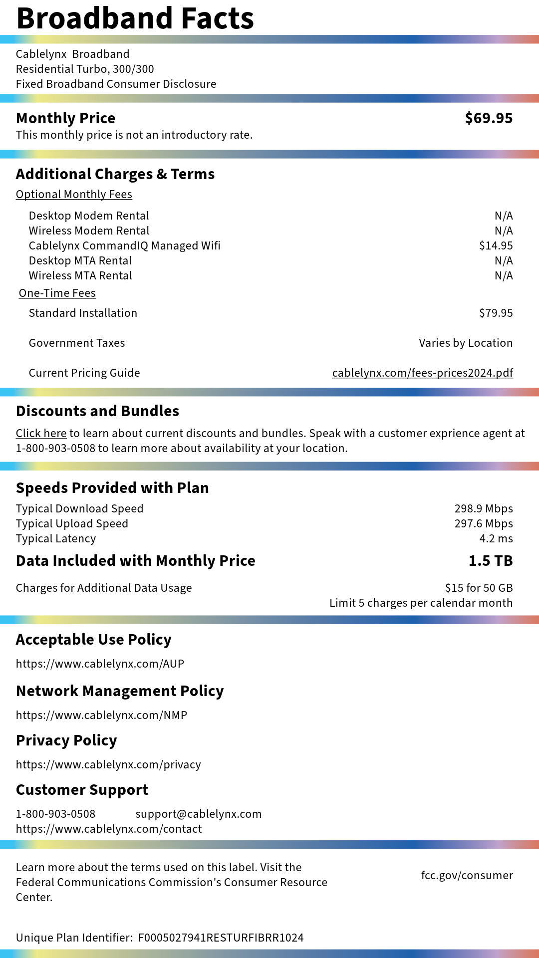 Broadband Facts label showing service details, charges, and network performance information