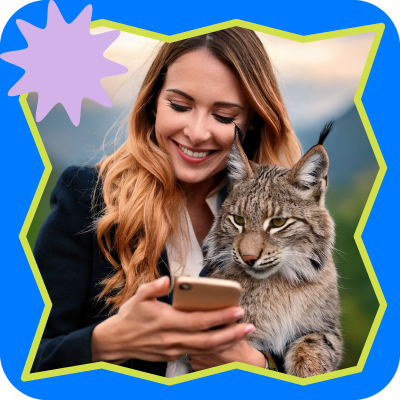Woman smiling with a lynx while looking at her phone, framed by a blue border and starburst accent