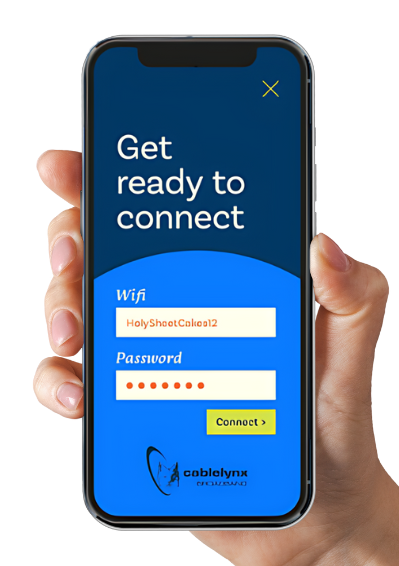 Hand holding a smartphone displaying a WiFi login screen with a dark blue background and white text.