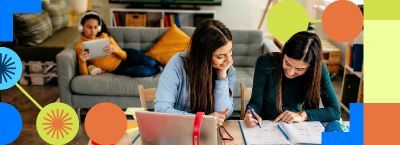 $75.00 per month for Gig Internet Two people studying at a table while a child relaxes on a couch in the background, with colorful wall circles