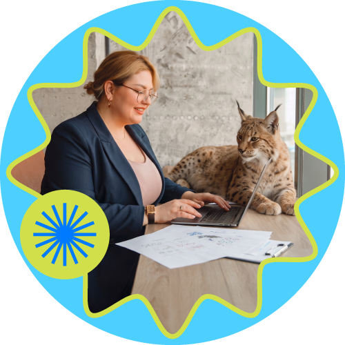 Woman typing on a laptop beside a lynx at a table, framed by a blue circular badge with a yellow starburst