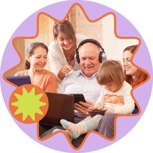 $55.00 per month for Extreme Internet People gathered around a laptop, smiling and using a tablet, framed by a purple scalloped border.