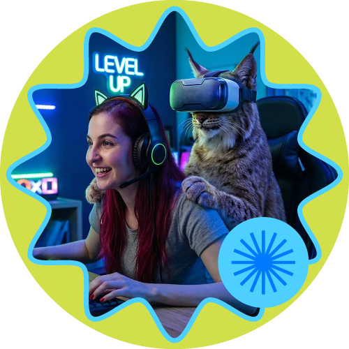 $35.00 per month for Turbo Internet Woman and cat wearing VR headsets in a neon gaming scene with “Level Up” sign