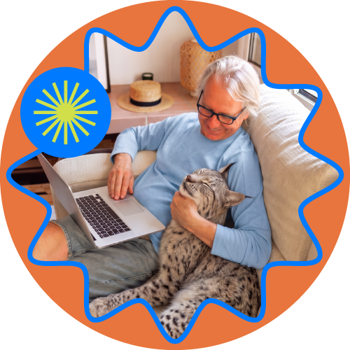 $75.00 per month for Gig Internet Man using a laptop on a couch while cuddling a tabby cat, with a blue and orange badge border around the photo