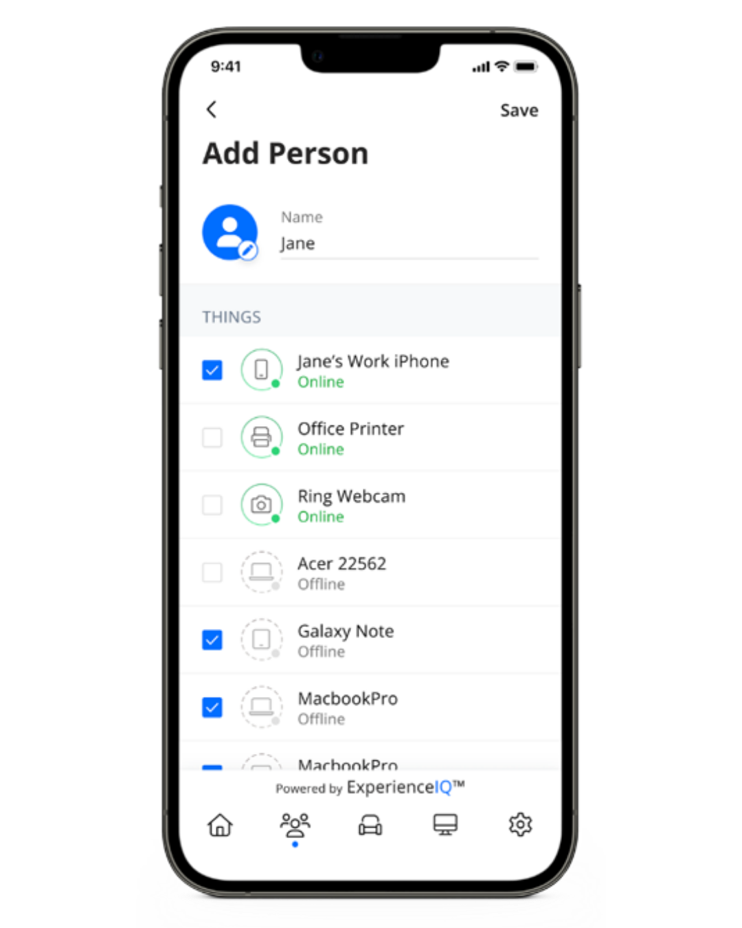 Smartphone screen: "Add Person" interface. User "Jane" with several online devices selected: phone, printer, Galaxy Note, and MacBookPro.