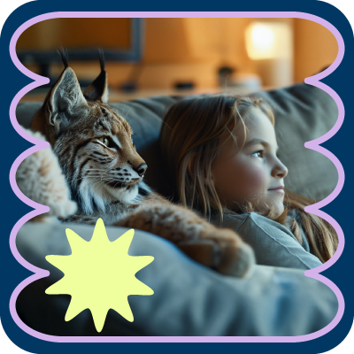 Girl and lynx resting together on a couch, framed by a scalloped purple border and starburst icon