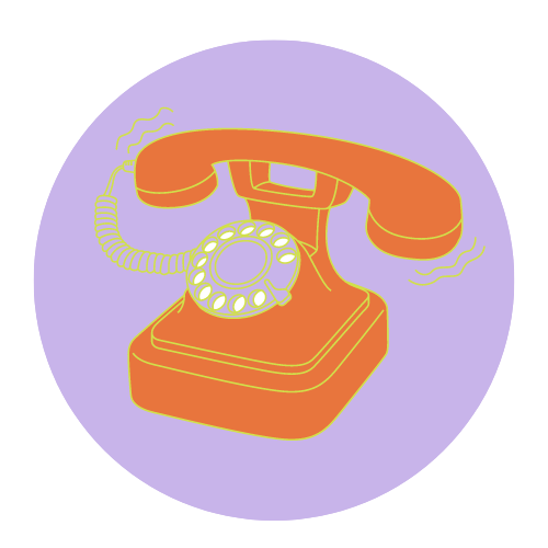 An orange telephone is sitting in a purple circle on a purple background.