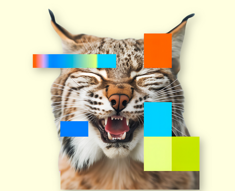 A close up of a cat 's face with colorful squares around it