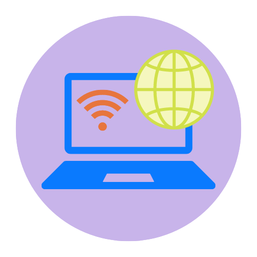 Blue laptop with orange Wi‑Fi symbol and green globe on screen, on a purple circle background