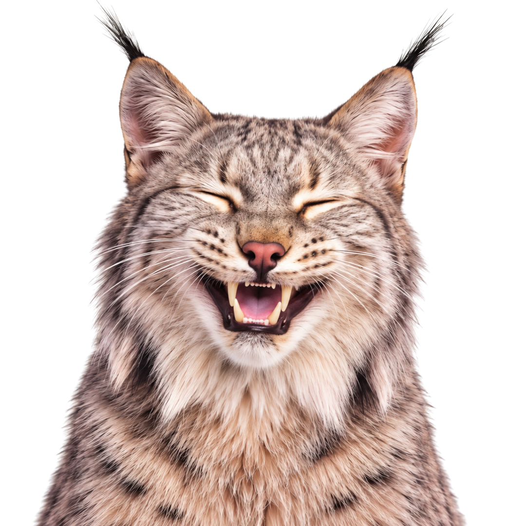 Close-up of a laughing lynx with mouth open and eyes closed on a white background