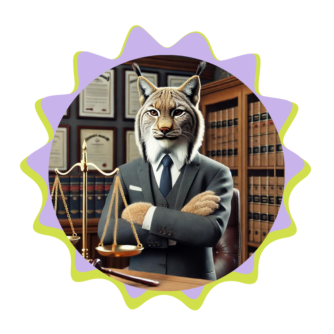 Broadband Information A lynx in a suit and tie is standing in front of a scale of justice.