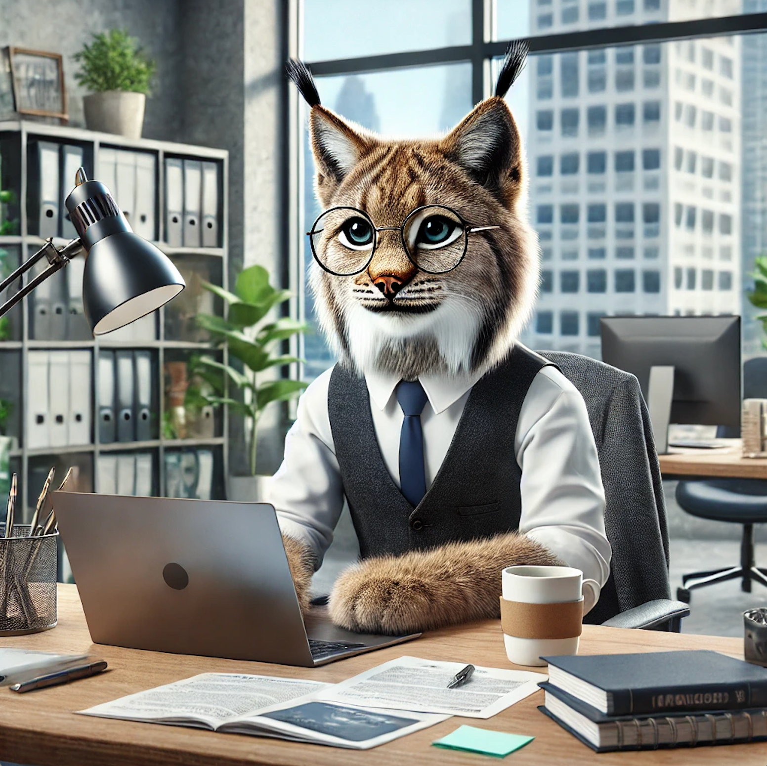 Broadband Internet for Your Business A lynx is sitting at a desk with a laptop