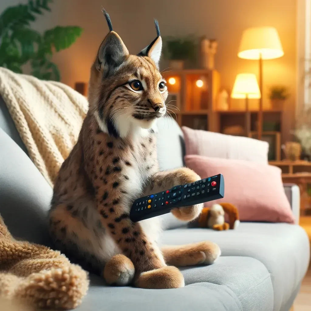 Streaming A lynx is sitting on a couch holding a remote control.