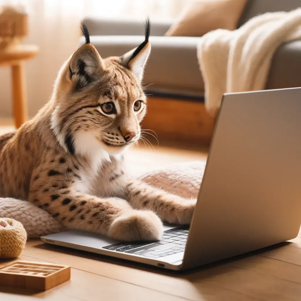 Residential Broadband Internet A lynx is laying on the floor in front of a laptop computer.