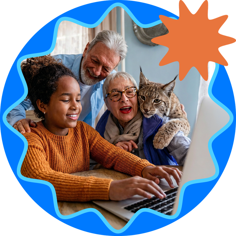 Residential Broadband Internet Smiling family gathered around a laptop, with a cat and blue scalloped frame, orange starburst accent