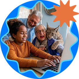 Residential Broadband Internet Smiling family gathered around a laptop, with a cat and blue scalloped frame, orange starburst accent