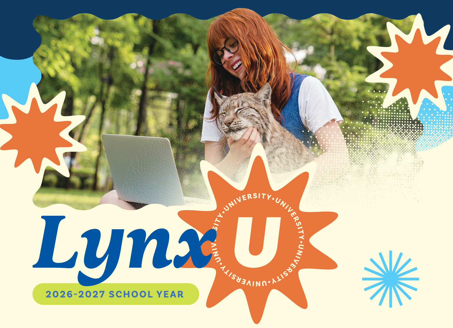 Lynx U school-year promo with a student using a laptop outdoors and orange starburst graphics