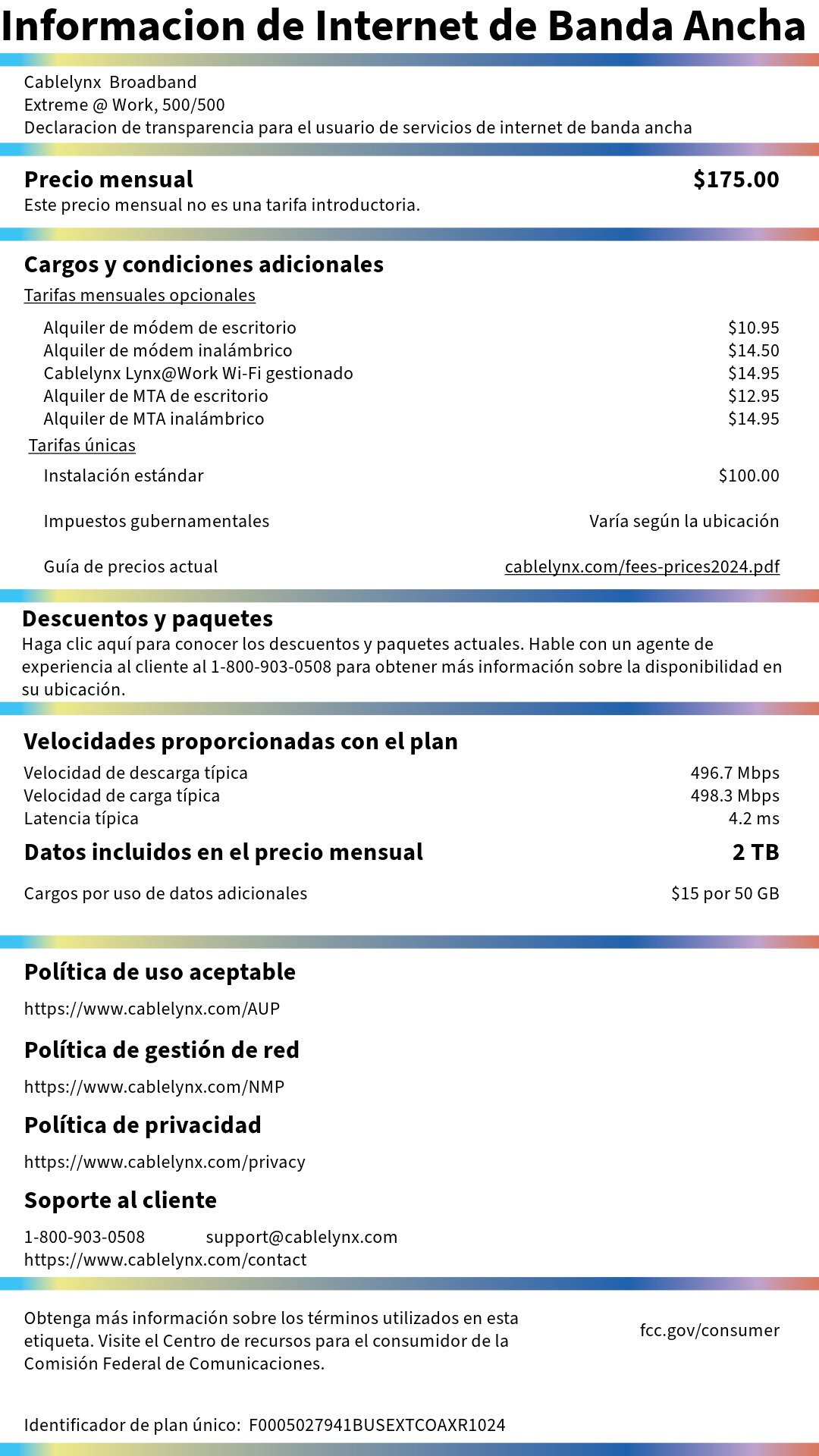 Spanish broadband internet information page with sections, tables, and blue header