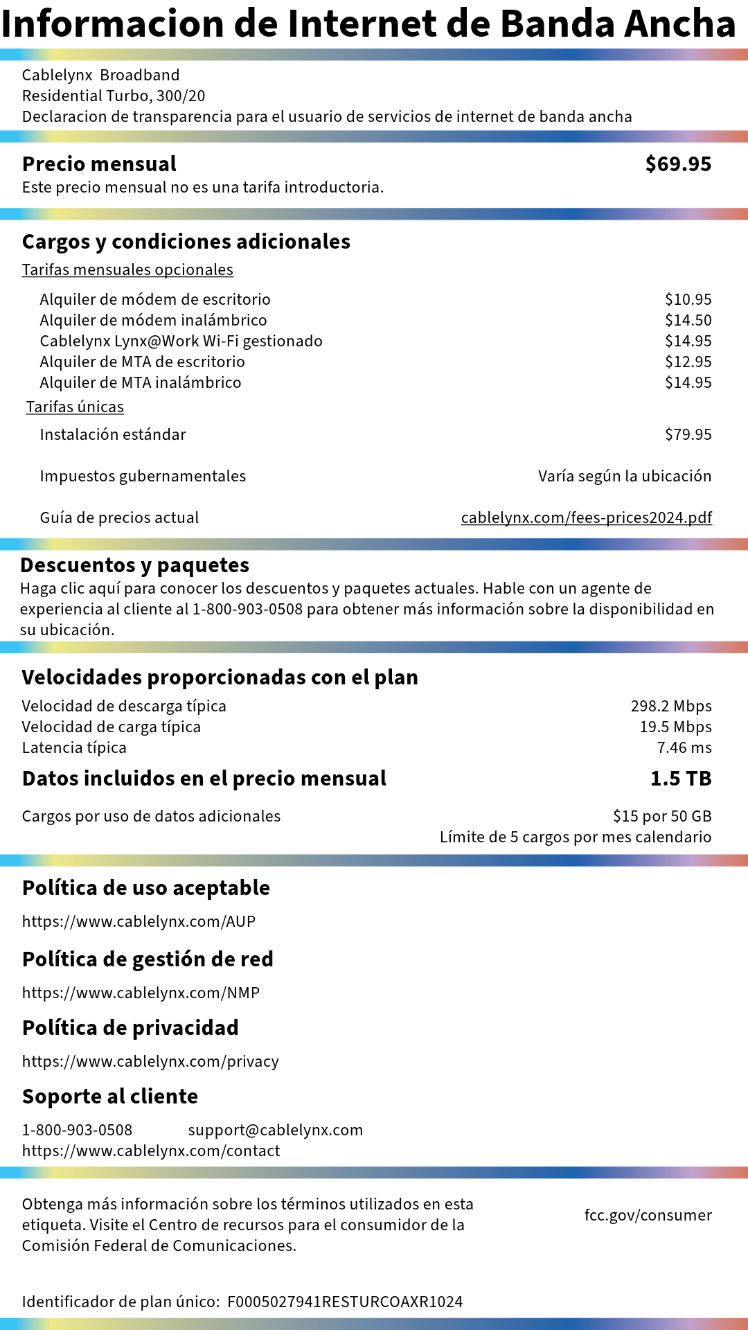 Spanish broadband internet info sheet with service details, speeds, and usage statistics in a table.