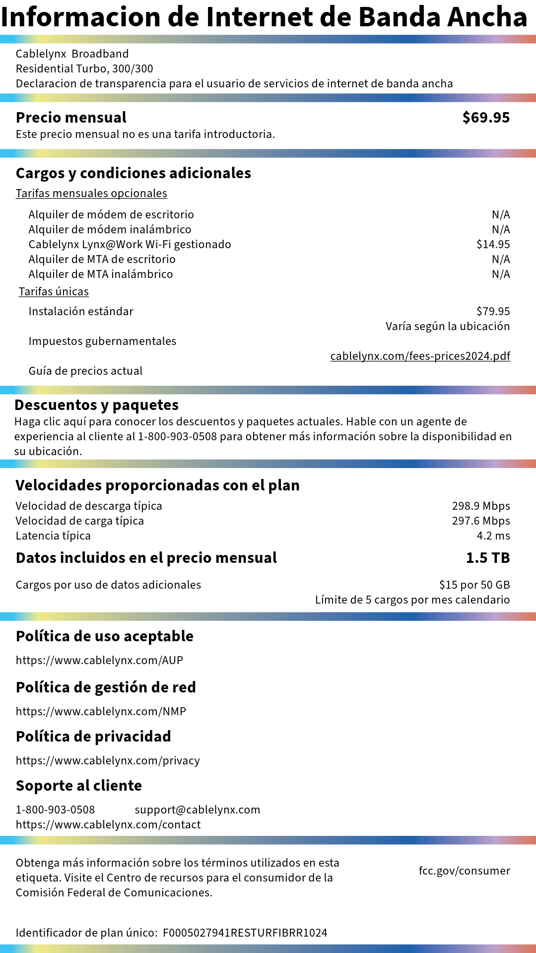 Informe de Internet de Banda Ancha con secciones y cifras de rendimiento en una página blanca.