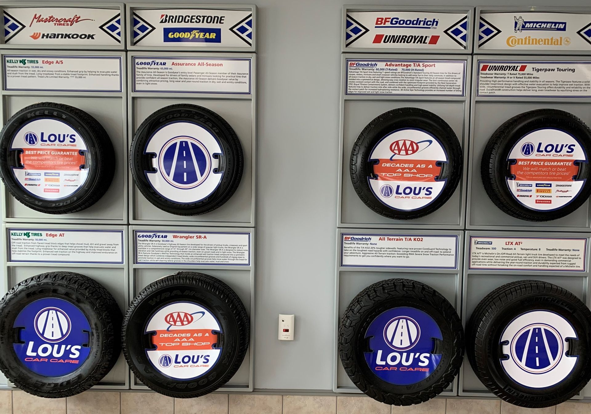 A display of louis tires on a wall | Lou's Car Care Center, Inc.