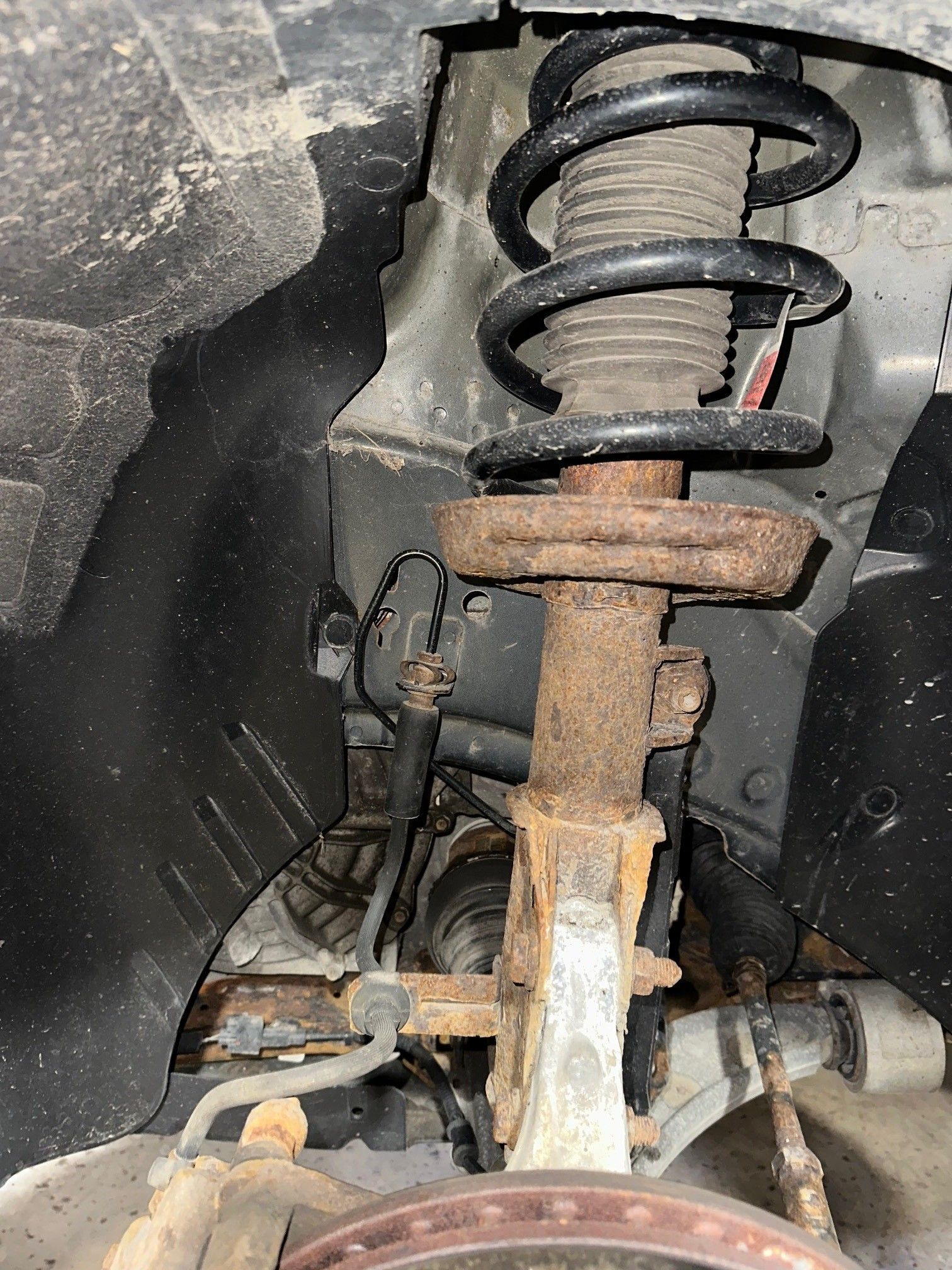 A black vehicle strut on a car with rust. | Lou's Car Care Center, Inc.
