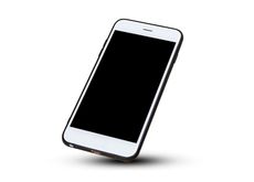 A white cell phone with a black screen is floating in the air.